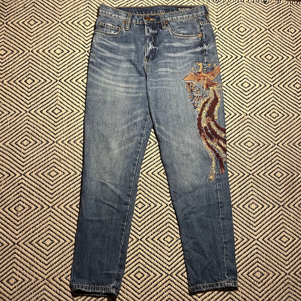 BLANKNYC Jeans Womens 29 Blue Hi Rise Tapered Embroidered Phoenix Boho Denim
